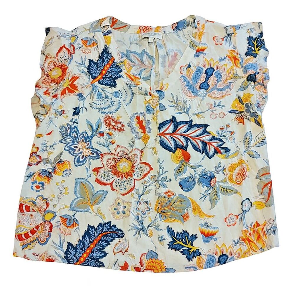Cynthia Rowley Woman Blouse Size 1X Floral Multicolor V-neck Short Sleeve Used